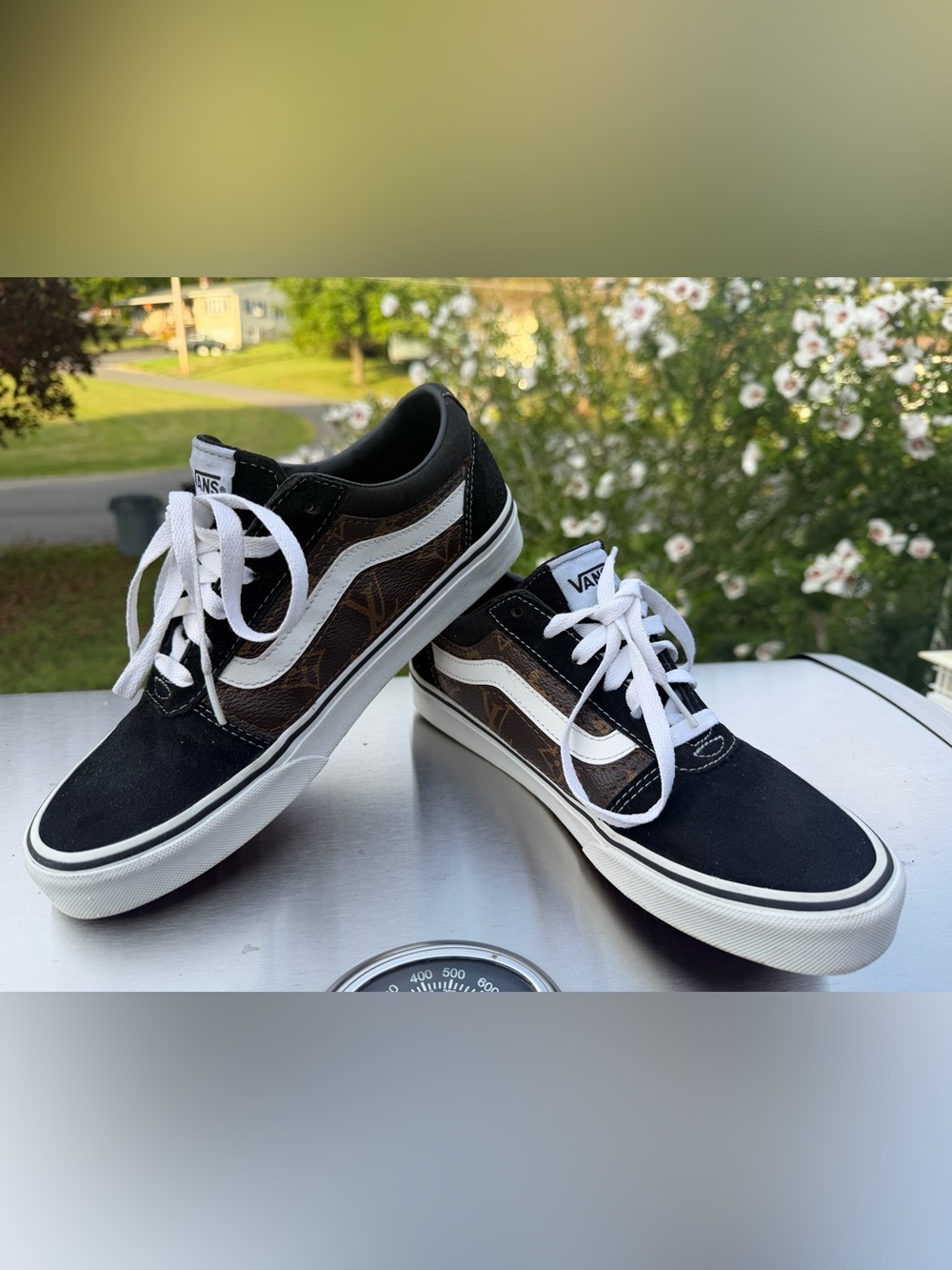 Upcycled Vans Low Top Sneakers - Black, Brown, White size 8
